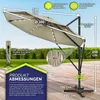 A large cantilever umbrella is shown with various measurements and feature callouts, set against a blurred outdoor background. Anteprima dell’immagine prodotto