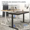 Two adjustable standing desks are shown in a room with a patterned rug and white shutters in the background. One desk is white with a light wood top, and the other is black with a dark wood top. Text overlays describe the product's features. Produktbild-Vorschau