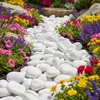 Weiße Kieselsteine als geschwungener Gartenweg zwischen blühenden Blumenbeeten Produktbild-Vorschau