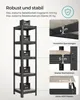 A tall, black metal shelving unit with wooden shelves, loaded with black boxes labeled '80KG'. Detailed close-ups highlight the shelf construction and material thickness. Produktbild-Vorschau