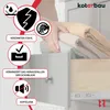 A person is placing folded fabrics into a drawer that is partially open, revealing the drawer slides. Informational icons and text are overlaid on the left side of the image. Produktbild-Vorschau