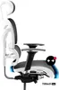 A side view of a white and black ergonomic office chair with a blue accent. Voir les images du produit