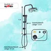 A diagram illustrating the dimensions and components of a black shower set against a light blue watercolor-like background. Produktbild-Vorschau