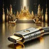 A close-up of an HDMI cable connector in the foreground, with a golden, futuristic city and statues in the background. Podgląd zdjęcia produktu