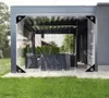 A transparent tarp is installed on a modern outdoor patio or pergola, protecting outdoor furniture. Voir les images du produit