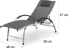 A gray chaise lounge with dimensions indicated by measurement lines and text. Náhled obrázku produktu