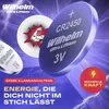 Three coin cell batteries are shown with a purple, lightning-themed background. One battery is prominently displayed in the foreground, while two others are partially visible in the midground and background. Text overlays highlight the product's features a Produktbild-Vorschau