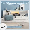 A white children's sofa bed with storage drawers and ambient lighting, set against a light blue wall with decorative items. Produktbild-Vorschau
