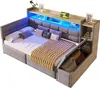 A modern upholstered daybed with integrated storage and LED lighting. Produktbild-Vorschau