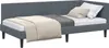 A dark gray corner bed frame with a headboard, made of velvet, is shown with bedding. Produktbild-Vorschau