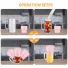 A collage of four images showing the steps to operate a portable blender. Produktbild-Vorschau