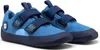 A pair of blue children's shoes with dark blue soles and straps, shown from a diagonal angle against a white background. Voir les images du produit