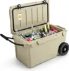 A tan cooler filled with drinks and ice, with the lid open. Náhľad obrázku produktu