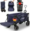 A collage of images showing a blue foldable wagon in different states of use and assembly, along with close-ups of its features and a German dealer badge. Podgląd zdjęcia produktu