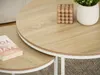 A close-up view of two nesting coffee tables with a wood-grain finish and white edges. A book, a cube-shaped candle, and a potted plant are placed on the tables. Podgląd zdjęcia produktu