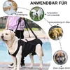 A person is helping a large dog wear a black and beige support harness. The image includes several smaller circular images of dogs and text labels indicating different use cases for the harness. Produktbild-Vorschau