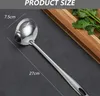 A stainless steel ladle is shown with dimensions indicated by lines and text. A wooden cutting board with cilantro is in the background. Produktbild-Vorschau