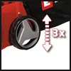 Close-up of a lawnmower wheel and grass bag with marketing graphics. Produktbild-Vorschau
