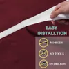 A close-up of a burgundy fabric with a white velcro strap being attached, along with marketing text and icons indicating easy installation. Produktbild-Vorschau