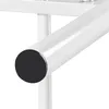 A close-up view of a white metal bed frame with a black rubber foot. Produktbild-Vorschau