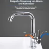 A chrome faucet with text overlays indicating hot and cold water control. Produktbild-Vorschau