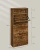 A tall, narrow shoe cabinet with multiple shelves and drawers is shown with measurement indicators overlayed. Náhled obrázku produktu