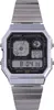 A digital watch with a silver metal band and a black face. Voir les images du produit