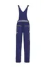 A back view of a pair of blue overalls with gray straps and yellow trim. Produktbild-Vorschau