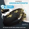 A toilet seat with a black and gold floral design is shown, with text overlays highlighting features and warranty. Produktbild-Vorschau