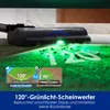 A vacuum cleaner head with green light illuminating dust on a carpet, with inset diagrams comparing visibility. Produktbild-Vorschau