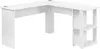 A white L-shaped desk with shelves on a white background. Produktbild-Vorschau