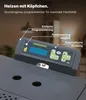 Close-up of a control panel on a heating device, with text overlays highlighting features. Produktbild-Vorschau