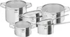 A set of stainless steel pots and pans with colanders. Podgląd zdjęcia produktu