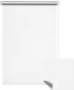 A white roller blind is shown, with a small inset showing a corner of the blind with a shadow.