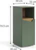 A green cabinet with a wooden shelf and open compartment, with dimensions indicated by measurement lines and text. Voir les images du produit