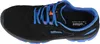 A top-down view of a black safety shoe with blue laces and accents. Produktbild-Vorschau