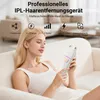 A woman is holding an IPL hair removal device, with text overlays detailing its features. Produktbild-Vorschau