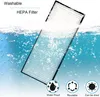 A HEPA filter is shown being washed in water, with icons indicating its features. Produktbild-Vorschau