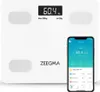 A white digital scale is shown next to a smartphone displaying its app. Náhľad obrázku produktu