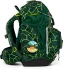 A green backpack with a geometric pattern and a round patch featuring a dog. Produktbild-Vorschau
