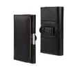 Two black leather phone cases are displayed against a white background. One case is open, showing a phone inside, while the other is closed. Produktbild-Vorschau