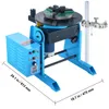 A blue welding positioner with a rotating chuck and control panel, shown on a white background with dimensions indicated. Produktbild-Vorschau