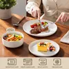A person is eating a meal from a white plate on a wooden table, with a salad and dessert also visible. Produktbild-Vorschau