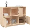 A wooden sideboard with multiple compartments and doors, some of which are open, displaying various items like plates, bowls, glasses, and a basket. Anteprima dell’immagine prodotto