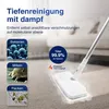 A close-up shot of a steam mop cleaning a carpet, with inset images showing microscopic views of bacteria, mites, and stains, and text overlays highlighting cleaning features. Produktbild-Vorschau