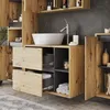 A modern bathroom vanity with a vessel sink and storage. Anteprima dell’immagine prodotto