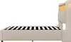 Side view of a beige upholstered bed frame with a slatted mattress support. Produktbild-Vorschau