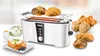 A white toaster is shown with bread rolls on top and next to it, along with toast and other bread items. Produktbild-Vorschau