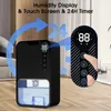 A black electric dehumidifier with a water tank is shown in a room setting, with promotional text and graphics overlayed. Produktbild-Vorschau