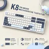 A top-down view of a mechanical keyboard with various features highlighted by text and icons. Produktbild-Vorschau